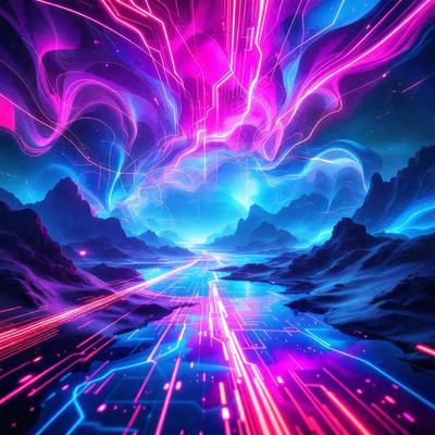 The primary subject of the image is a futuristic, colorful landscape with a purple sky. The setting includes a river, mountains, and a cityscape. The visual style is a combination of digital art and illustration, creating a vibrant and dynamic scene. The colors and mood are predominantly purple and blue, giving the image a sense of wonder and imagination.